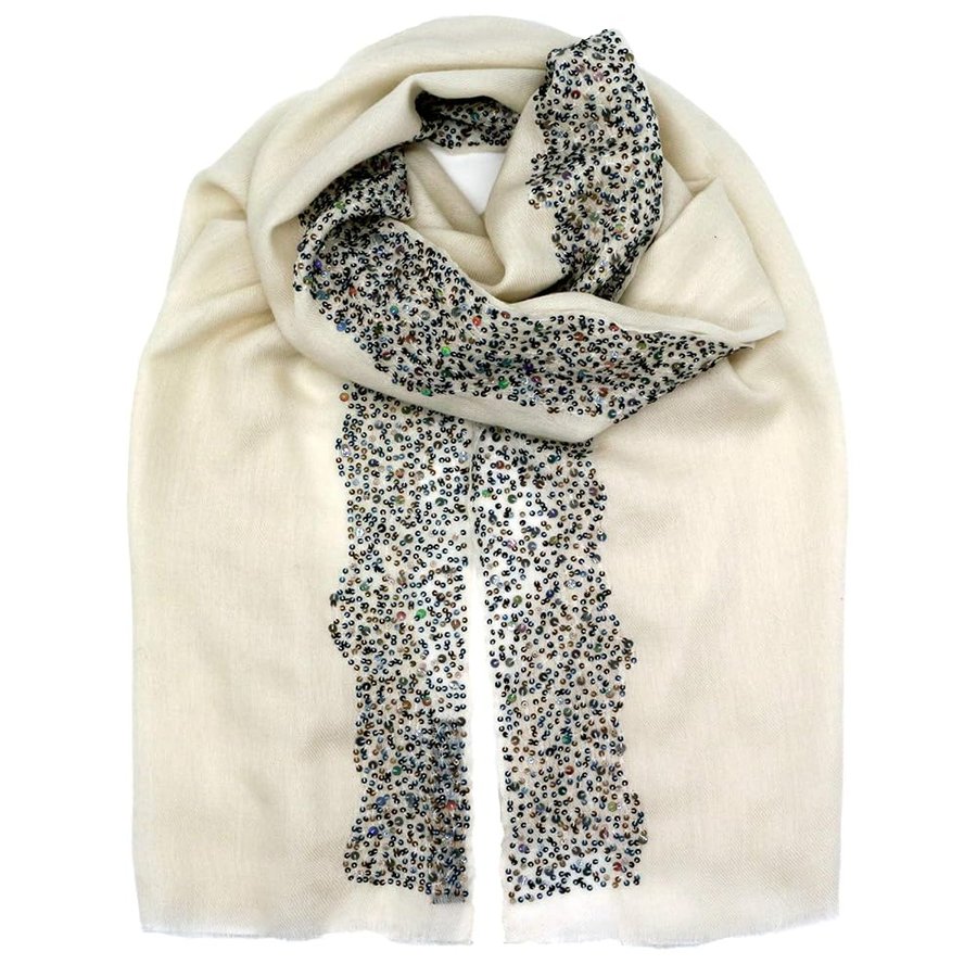 Mooilo, cashmere, sciarpa di seta di lusso, alla moda, da donna, stile cashmere, colore: bianco con paillette