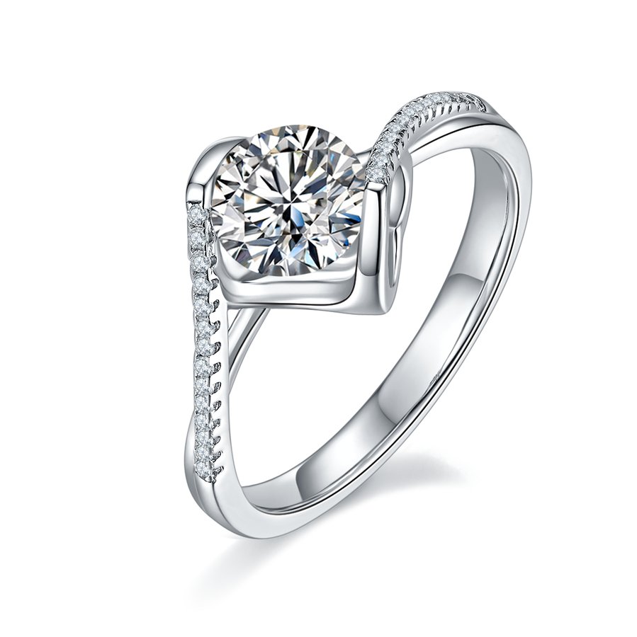 S925 Sterling Silver 1ct Moissanite Engagement Ring, D-VVS1 Round Cut With Heart Setting & Pave Band, Platinum Plated, US Sizes 5-9, GRA Certificate Gift Box