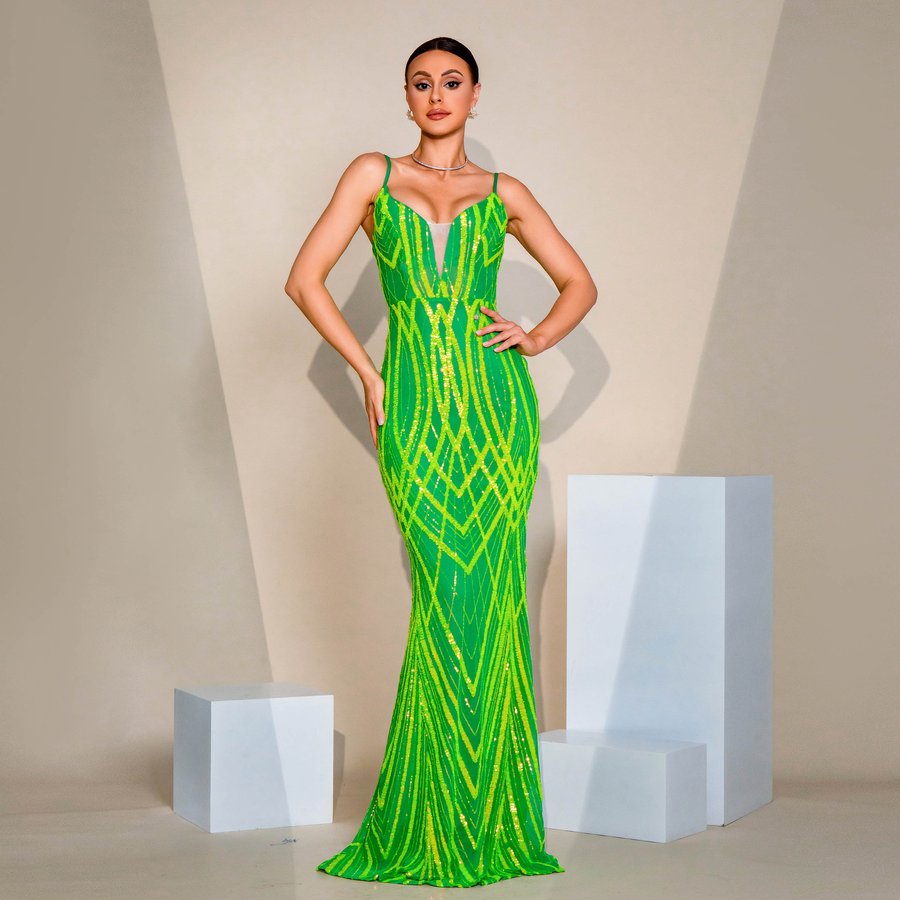V-neck Strap Sequined Fishtail Evening Dress