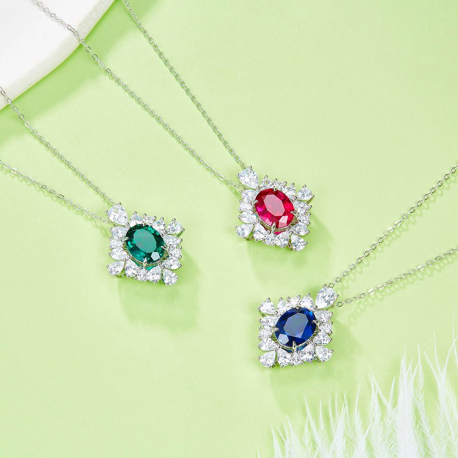 S925 Sterling Silver Floral Halo Pendant Necklace, 10x8mm Lab-Grown Ruby Sapphire Emerald, Platinum Plated 45cm Chain, 5g Gift Box