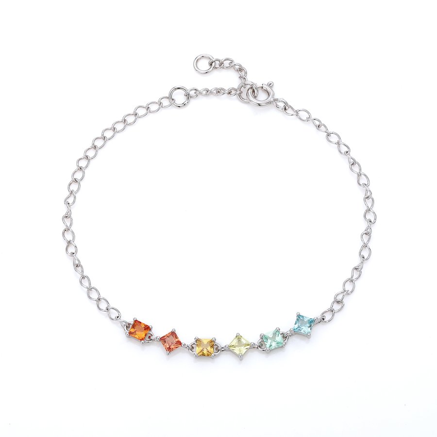 S925 Sterling Silver Rainbow Lab-Grown Gemstone Bracelet 16cm Square Cut Platinum Plated Gift Box