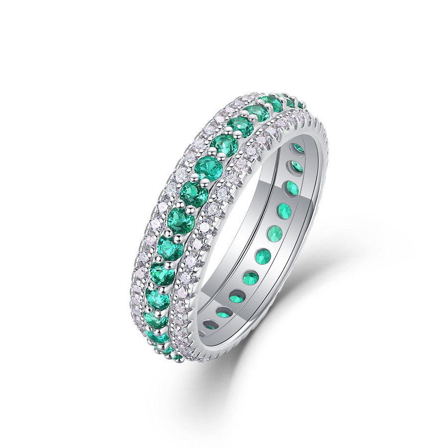 3.6g S925 Sterling Silver Platinum Plated Ring  3 Row Pave Band With Green Gemstones, Dainty Stackable Eternity Promise Ring For Women, Jewelry Gift Box Set