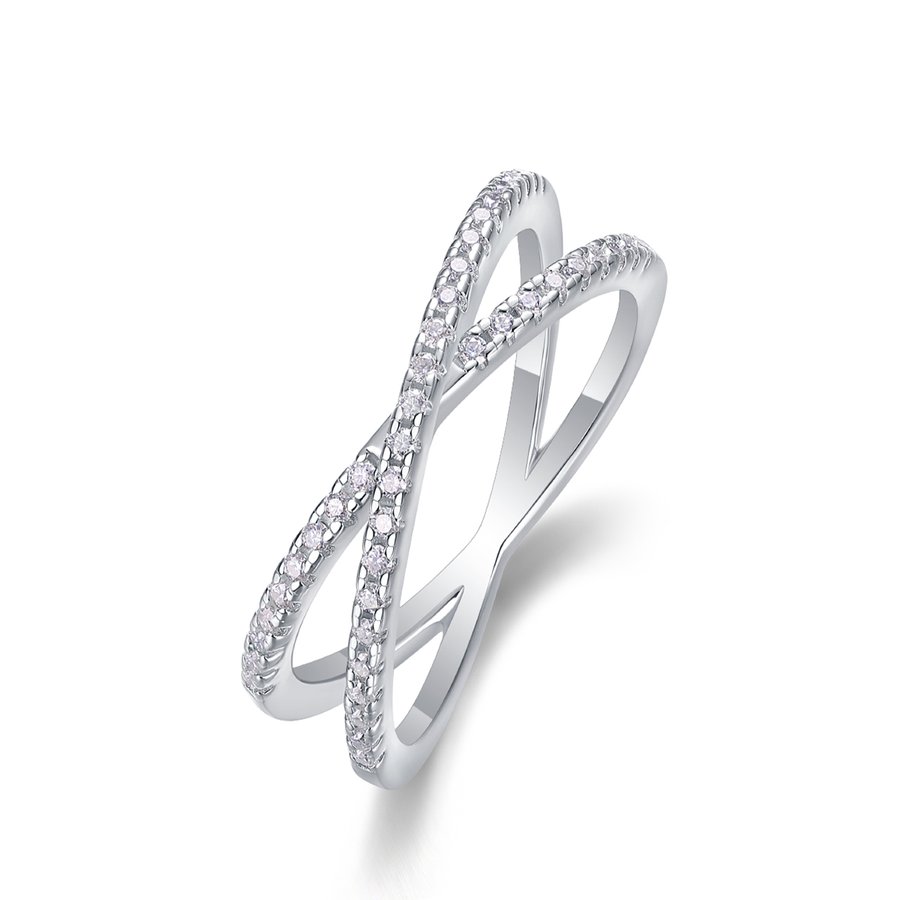 S925 Silver 3.1g Platinum Plated Moissanite Criss Cross Ring, 41x 1.1mm D VVS1 X Band, GRA Certified US 5-9