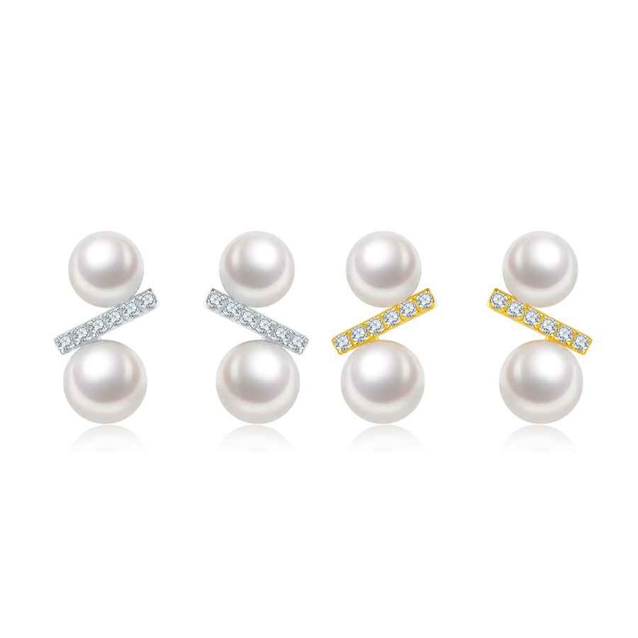 S925 Sterling Silver Natural Freshwater Pearl Stud Earrings For Women, Geometric Bar Design, 1g Lightweight, Platinum Gold Plated, Gift Box