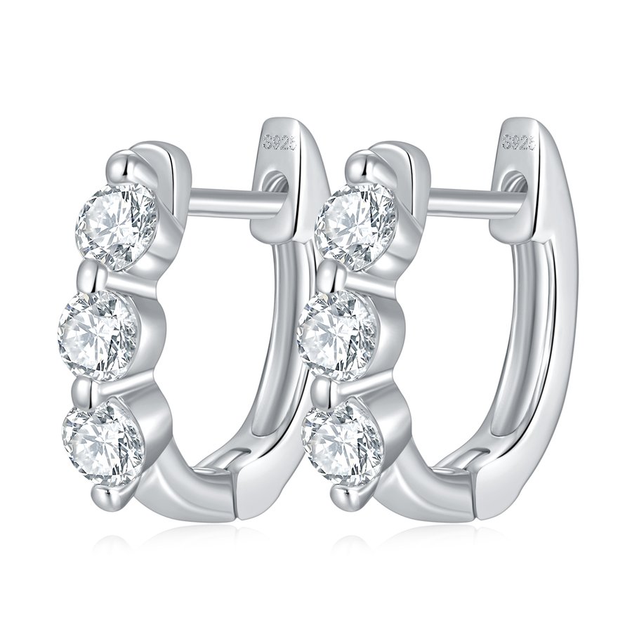 S925 Sterling Silver 3-Stone Moissanite Hoop Earrings For Women  Round Cut Huggie Hoop With GRA Certificate Platinum Plated Jewelry Gift Box Set