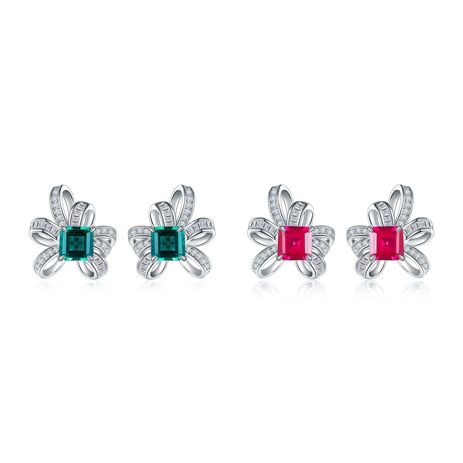 S925 Sterling Silver Bowknot Stud Earrings, 6x6mm Lab-Grown Ruby&Emerald With Mixed Pave Ribbon, Platinum Plated 3.2g Women's Jewelry Gift Box