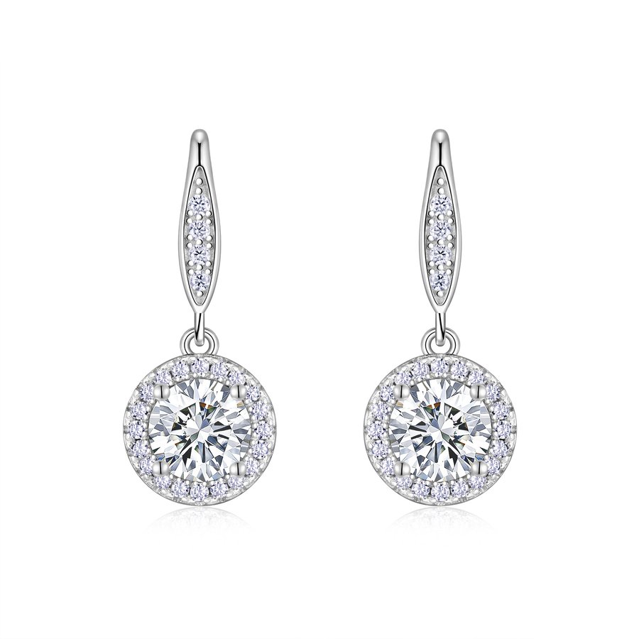 S925 Sterling Silver Halo Drop Earrings, 1ct D-VVS1 Moissanite, Lever Back Dangle With Pave Detail, Platinum Plated 3.3g, GRA Certificate Gift Box
