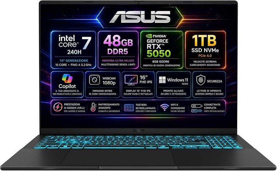 ASUS Computer Portatile PC Gaming 16" FHD IPS, Intel Core 7 240H 5,2GHz, RAM 48GB DDR5, SSD 1TB NVMe, NVIDIA RTX 5050 8GB GDDR6, WiFi 6E, Copilot IA, Webcam 1080p, Tastiera Retroilluminata, Windows 11