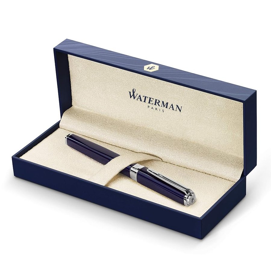 Waterman Exception Penna Stilografica Sottile, Pennino Sottile con Cartuccia di Inchiostro Blu, Blu con Clip Placcata in Argento, Confezione Regalo