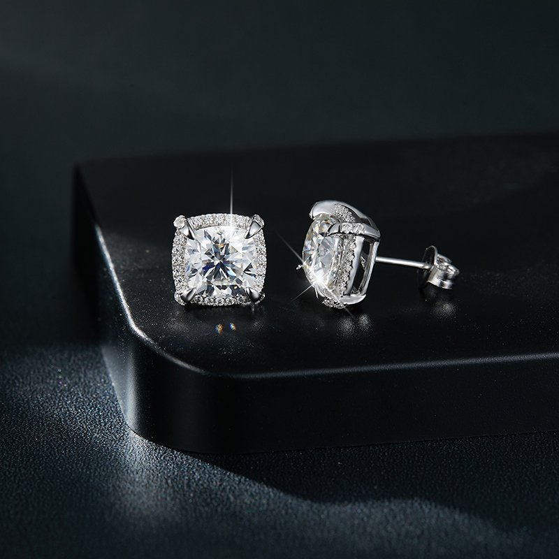 S925 Sterling Silver 8x8mm Cushion Cut Moissanite Stud Earrings  Platinum Plated Halo Setting With GRA Certificate Luxury Jewelry Gift Box Set For Women