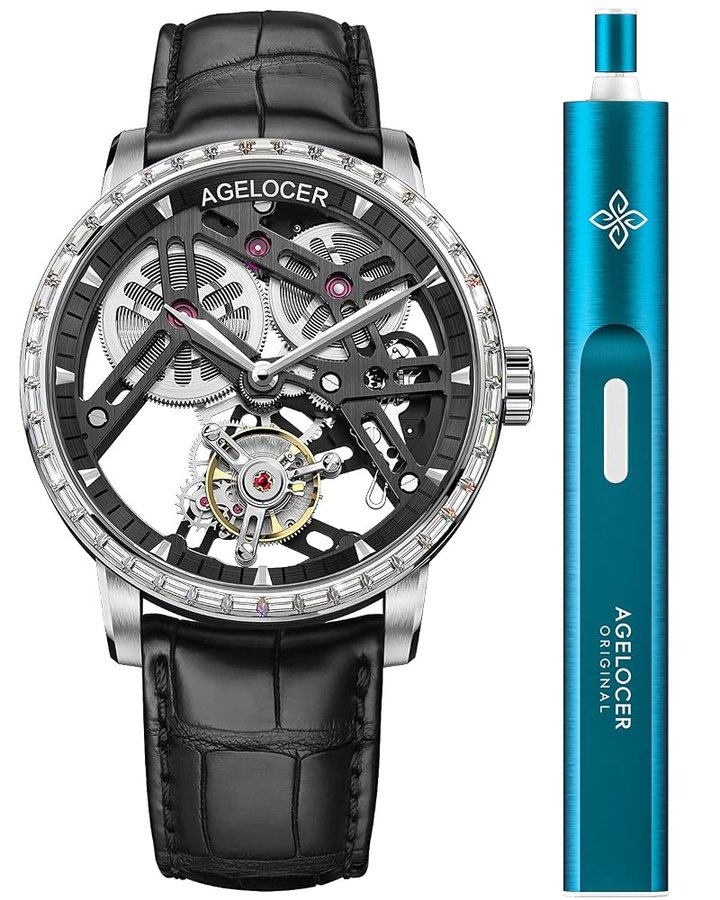 Orologio da polso da uomo con tourbillon traforato a doppio lato, meccanico, in pelle