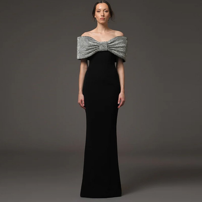Crepe Off-The-Shoulder Silver Glitter Bow Mermaid Evening Gown