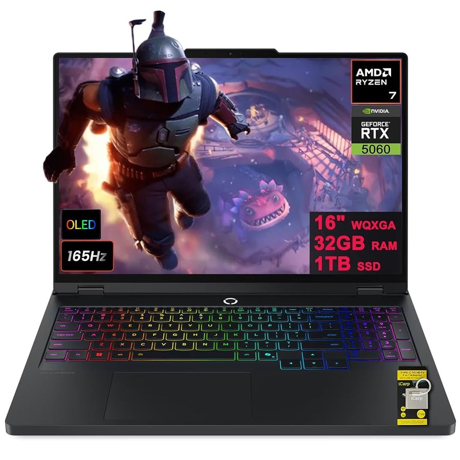 Lenovo Legion 5 Pro Gaming AI Laptop 16" WQXGA 2560x1600 OLED 165Hz 1100nits HDR Peak AMD 8-core Ryzen 7 8745HX 32GB RAM 1TB SSD GeForce RTX 5060 (fino a 572 AI Tops) RGB Retroilluminato Harman Win11