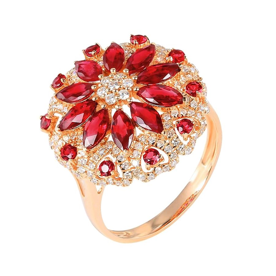 Anello Donna Matrimonio Oro Rosa 18K, Anelli Fidanzamento Donna Fiore Lusso con Rubino Rosso Sintetico da 2.21ct e Diamante Sintetico Anelli per Mamma, Fidanzata, SposaOro Rosa