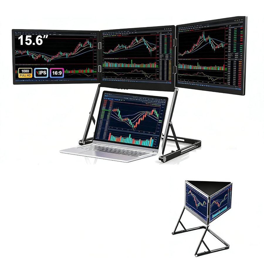 Monitor portatile da 15,6 pollici, 1080p FHD Tri-Fold Screen Extender, Type-C/HDMI Plug-and-Play con rotazione a 360°, compatibile con Windows