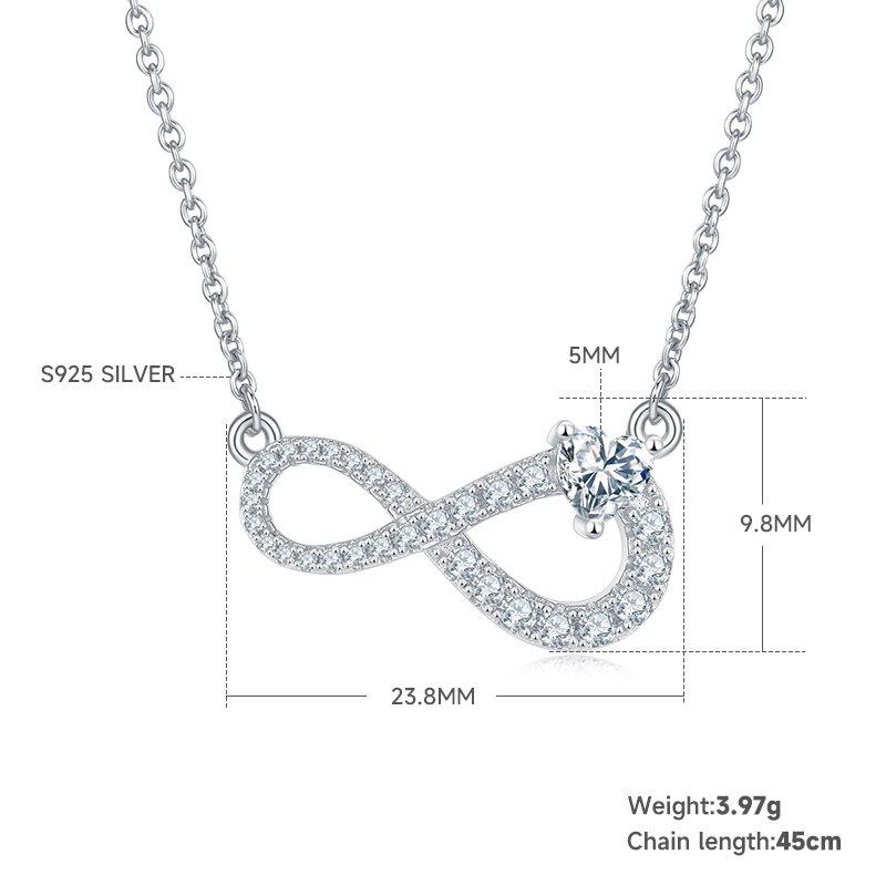 3.9g S925 Sterling Silver 29 Stone Moissanite Infinity Necklace 45cm  Pave Pendant With GRA, Platinum Plated Romantic Gift Box Set For Women