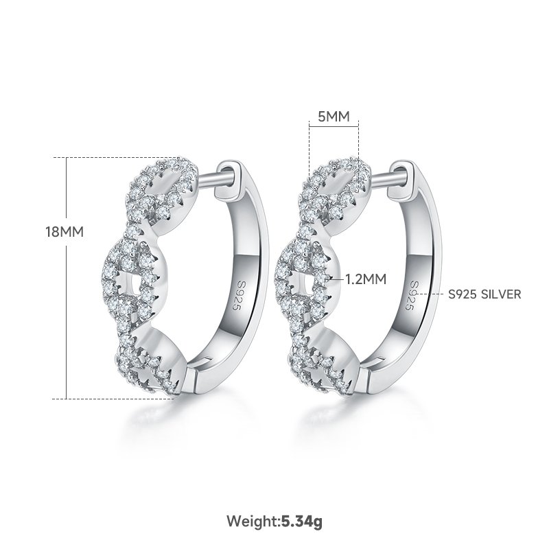 6g 18mm S925 Sterling Silver Twisted Chain Link Hoop Earrings  Moissanite Pave Huggie Hoops With GRA Certificate, Platinum Plated Jewelry Gift Box Set For Women