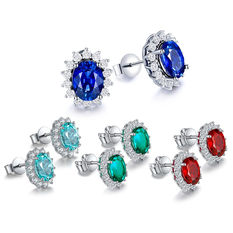 S925 Silver 3.1g Lab-Created Ruby Sapphire Emerald Paraiba Earrings, 8x6mm Halo, 4 Colors