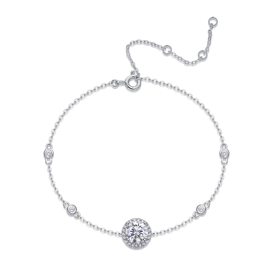 S925 Silver 1.5g Moissanite Bracelet, 1ct Halo D VVS1, 16&5cm Adjustable, GRA Certified