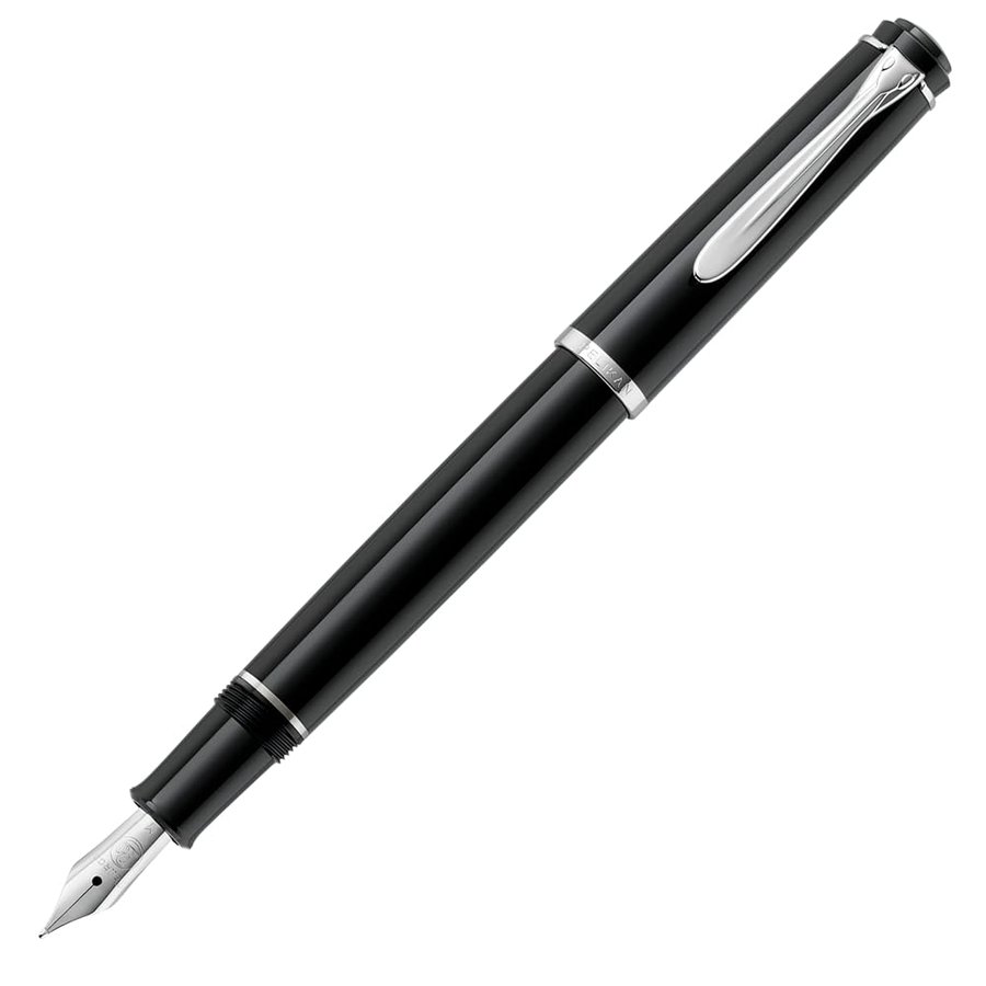 Pelikan 930735 - Penna Stilografica Linea M205 Classic, Nero, Dettagli Argento Silver, Pennino in Acciaio Inossidabile, Dimensione F, Caricamento a Cartuccia, in confezione regalo
