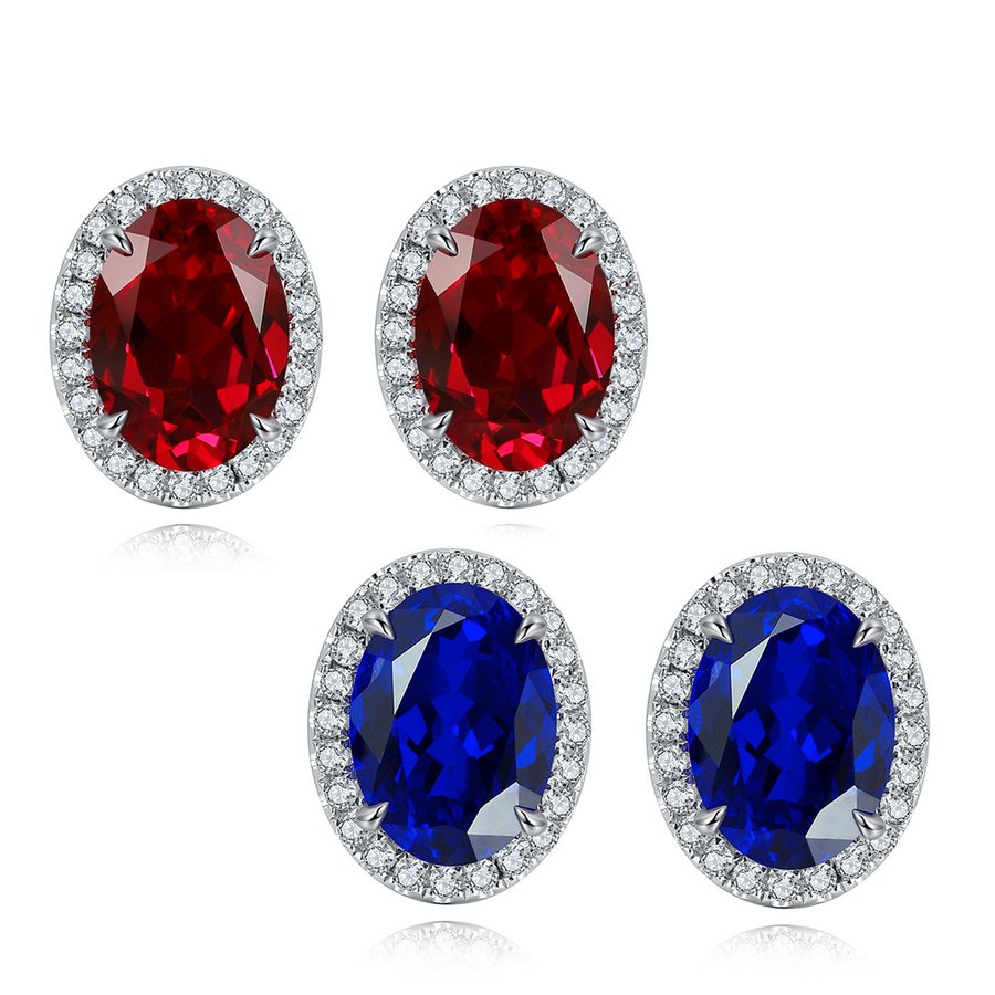 S925 Silver 1.9g Lab-Created Ruby Sapphire Earrings, 7x5mm Halo Studs, 2 Colors