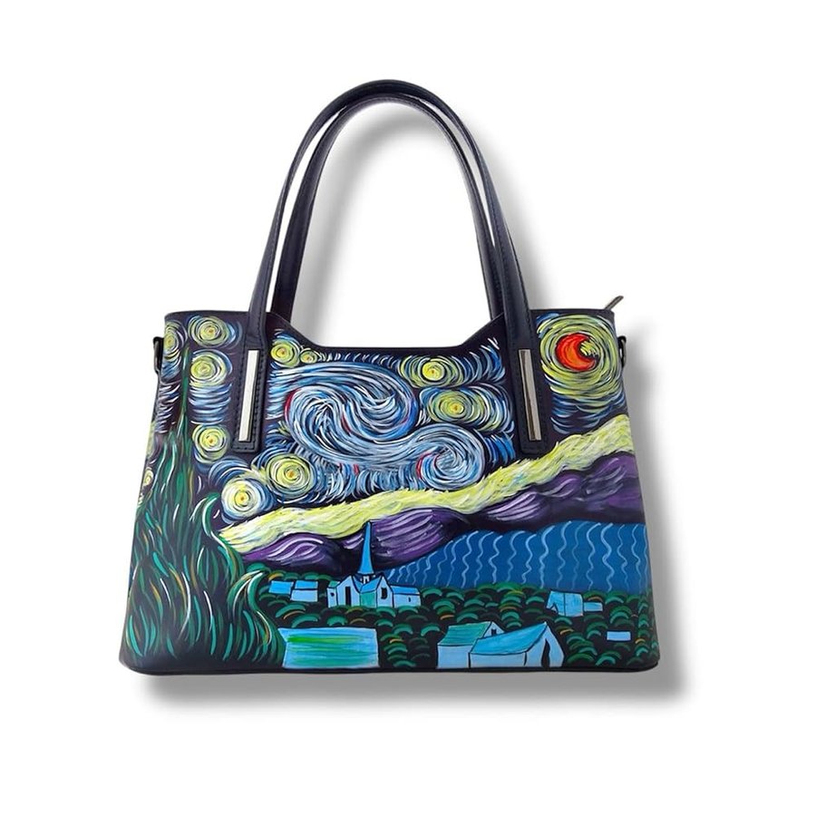Borsa Dipinta a Mano – LA NOTTE STELLATA QUADRO FAMOSO - Borse Donna, Tracolla Regolabile, Vera Pelle, Made in Italy, Borsa a Tracolla a Spalla, Lavorazione Artigianale, Colore Nero