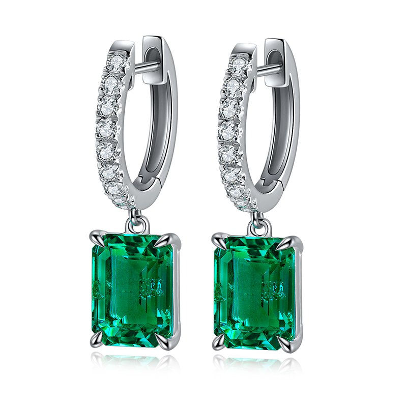 S925 Silver 2.7g Lab-Created Emerald Drop Earrings, 8x6mm 2pcs, 40&5cm, GRA Certified