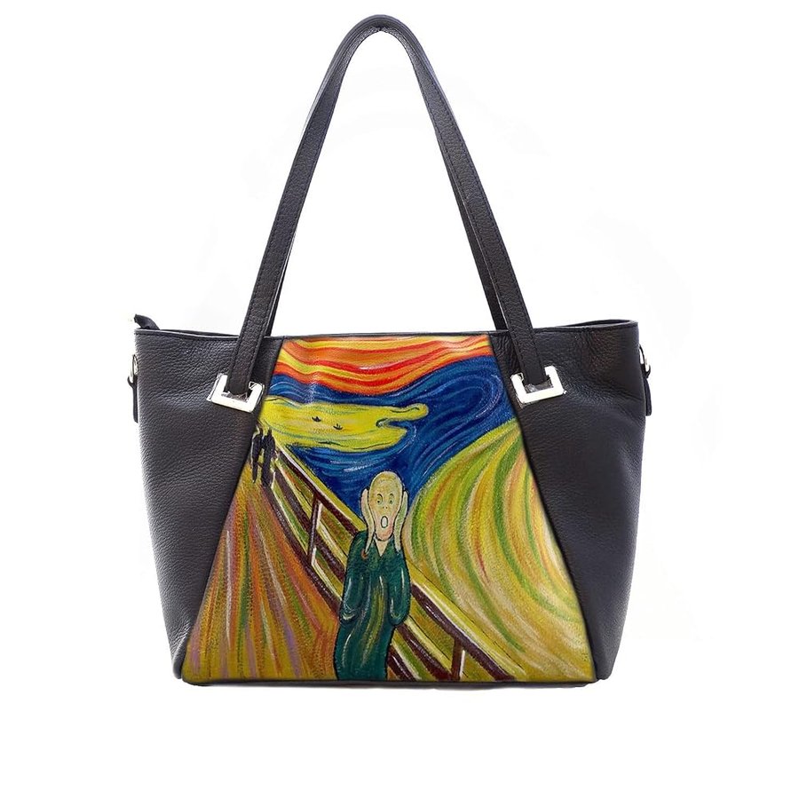 Borsa in Pelle Dipinta a Mano – L' URLO DI MUNCH – a Spalla, a Tracolla, Shopper, Maxi, Con Tasca interna, Shopping Donna, Idea Regalo, Artigianato Italiano, Made In Italy, Vera Pelle