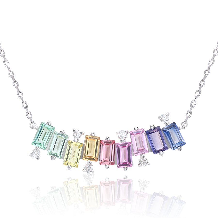 S925 Sterling Silver Rectangle Rainbow Lab-Grown Gemstone Necklace 45cm Platinum Plated With D Color VVS1 Moissanite GRA Certified Gift Box