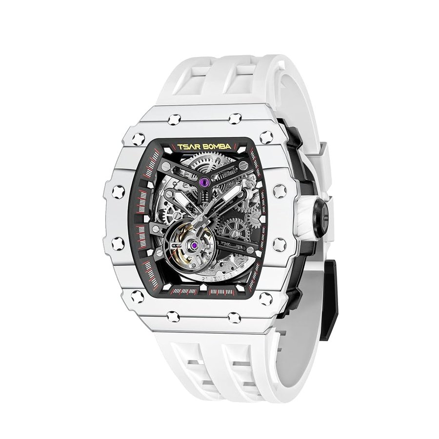 Orologio automatico da uomo Orologi scheletrati di lusso Tonneau da uomo Orologi analogici meccanici impermeabili fino a 50 metri