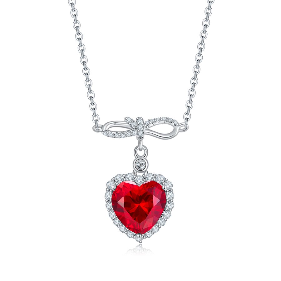 S925 Sterling Silver Bowknot Heart Necklace, 5ct 11mm Lab-Grown Ruby, Platinum Plated 45cm Chain, 3.5g Women's Fine Jewelry Gift Box
