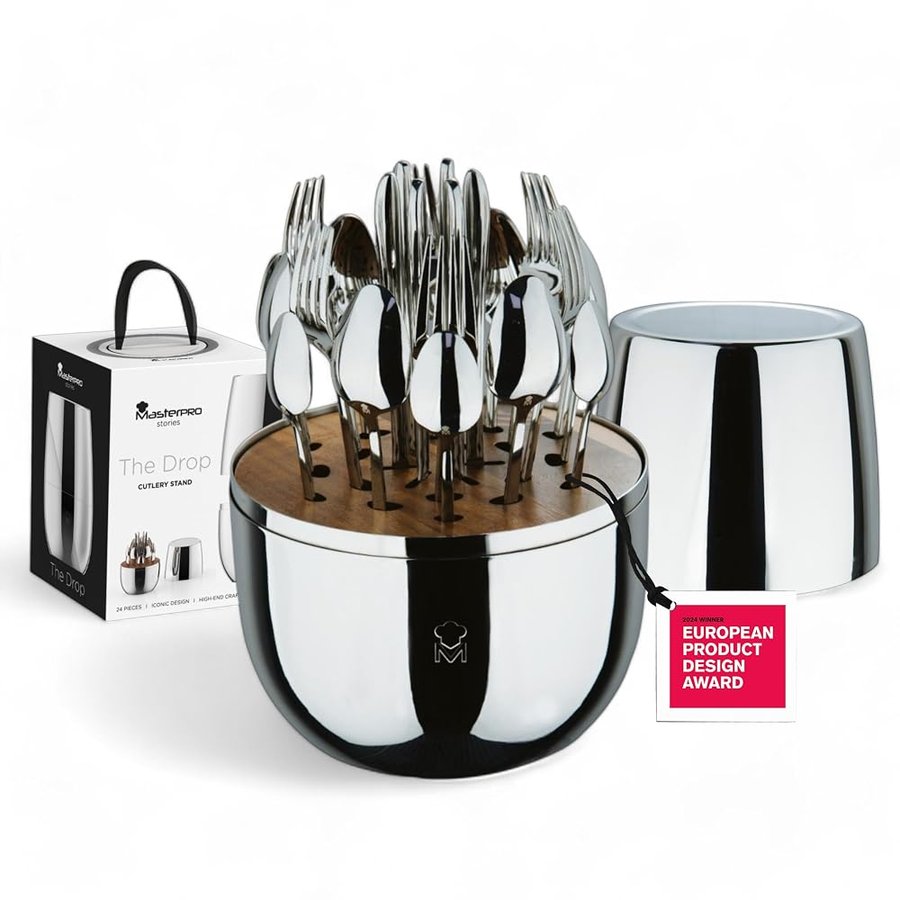 MasterPRO THE DROP Set di posate da 24 pezzi in acciaio inox Design argentato salvaspazio ed elegante perfetto per riunioni e regali alta resistenza