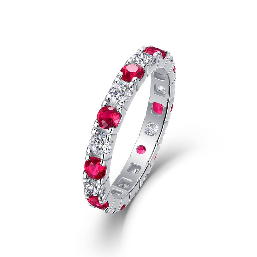 2.4g S925 Sterling Silver Platinum Plated Eternity Ring  Synthetic Ruby & White Stone Alternating Band, Dainty Stackable Promise Ring For Women, Jewelry Gift Box Set