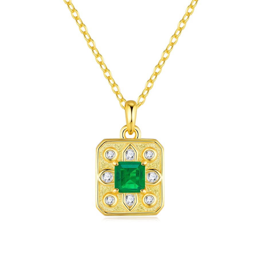 1.8g S925 Gold Plated Lab Grown Emerald Necklace For Women Octagon Cut Vintage Pendant With Moissanite Accents, Dainty Jewelry Gift Box Set