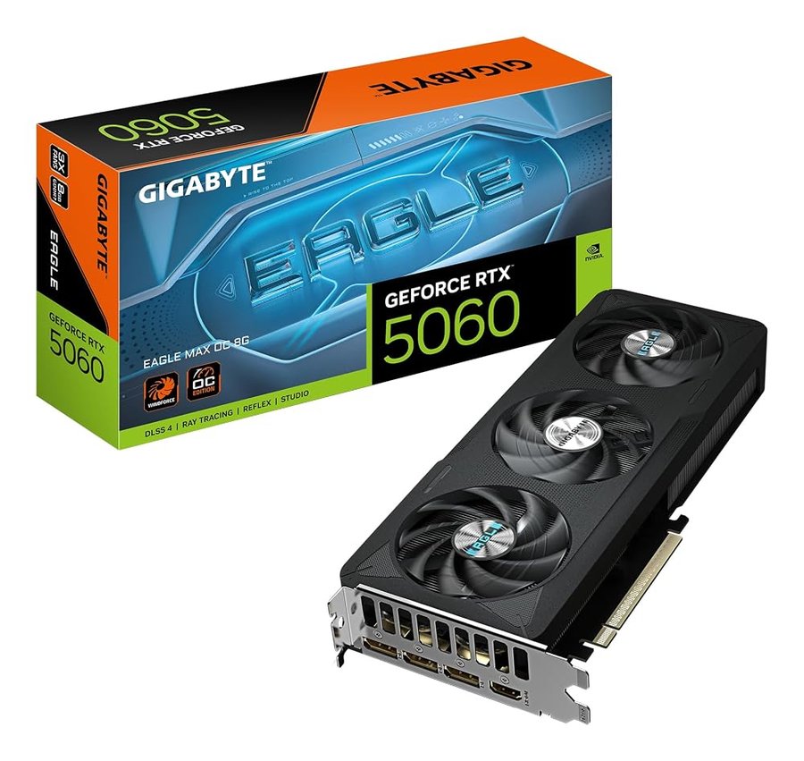 Gigabyte GeForce RTX 5060 EAGLE MAX OC 8G Scheda Grafica – 8 GB GDDR7, 128 bit, PCI-E 5.0, frequenza core 2550 MHz, 3 x DisplayPort, 1 x HDMI, NVIDIA DLSS 4, GV-N5060EAGLEMAX OC-8GD 1.0