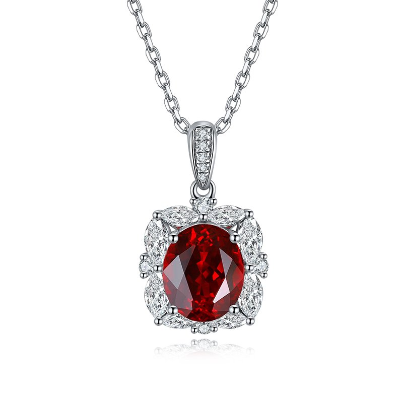 S925 Silver 3.9g Lab-Created Ruby Necklace, 10x8mm Oval Halo Pendant, 40&5cm, GRA Certified