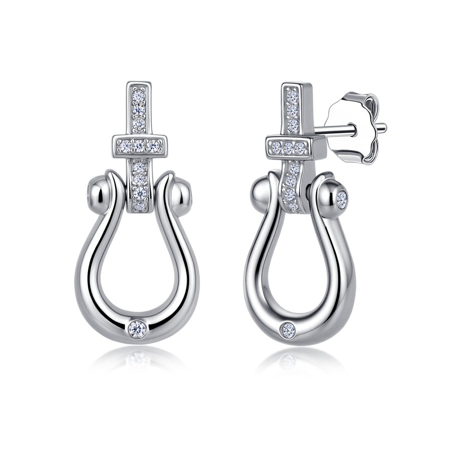 S925 Sterling Silver Cross Horseshoe Earrings, D-VVS1 Moissanite, Platinum Plated 3g, Elegant Women's Jewelry Gift Box Set