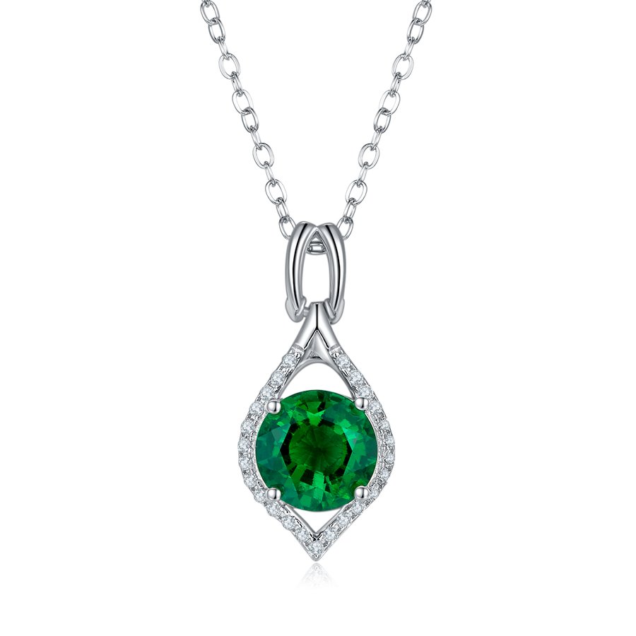 S925 Silver 2.7g Platinum Plated 2.3ct Lab-Created Emerald Necklace, 8mm Halo Pendant, 40&5cm
