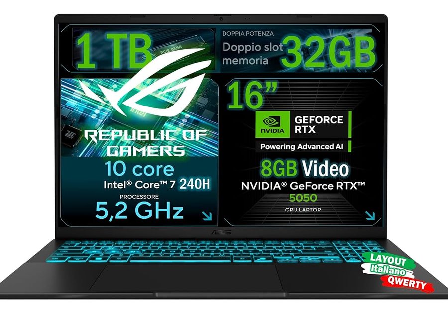 ASUS Notebook Gaming, CPU Intel Core 7 240H 5,2 GHz, RAM 32GB DDR5, SSD 1TB NVMe, NVIDIA GeForce RTX 5050 8GB, Display 16" FHD IPS, WiFi 6E, Tastiera Retroilluminata, Win 11 Pro, Portatile QWERTY