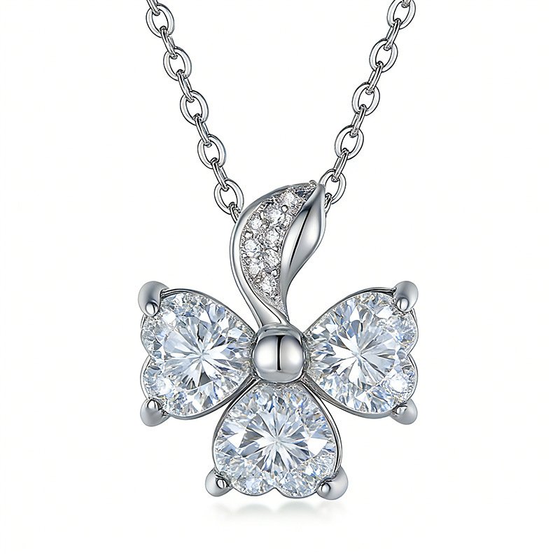 S925 Sterling Silver 3-Leaf Clover Moissanite Necklace 3pcs 6x6mm Heart Cut Stones GRA Certified 45cm Platinum Gold Plated Gift Box