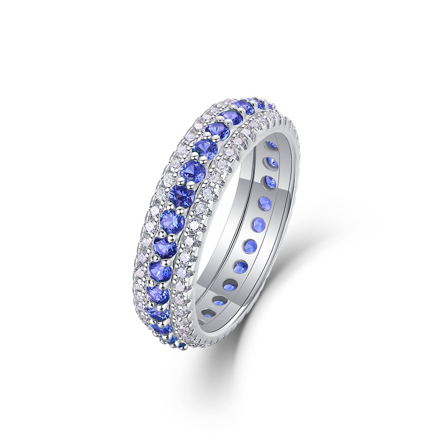 3.6g S925 Sterling Silver 3 Row Eternity Ring  Synthetic Blue Sapphire & White Stones Band, Platinum Plated Promise Ring For Women, Jewelry Gift Box Set