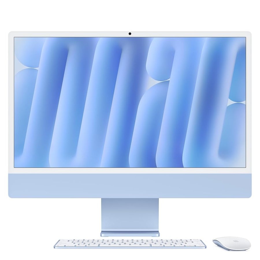 Apple iMac Computer desktop all-in-one: Chip M4, CPU 10-core e GPU 10-core: display Retina 24'', 16GB di memoria unificata, 256GB di archiviazione SSD, con accessori. Per iPhone/iPad; Azzurro