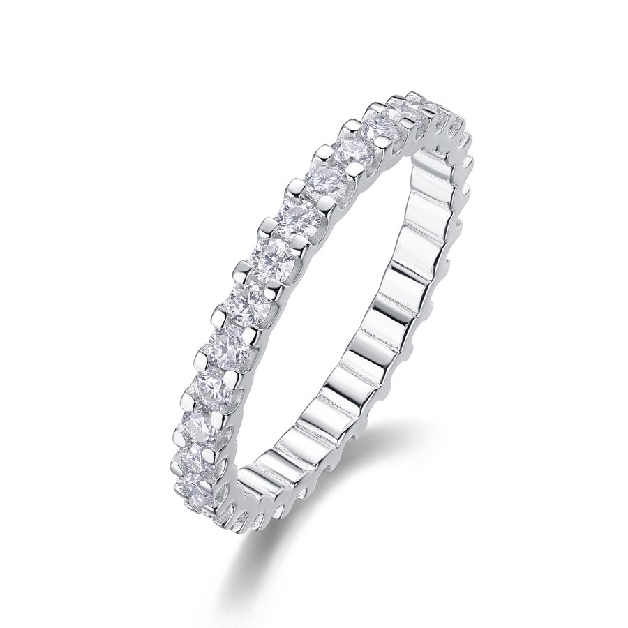 S925 Silver 1.7g Platinum Plated Moissanite Eternity Ring, 2.0mm 30pcs D VVS1 Pave Band, GRA Certified US 5-9