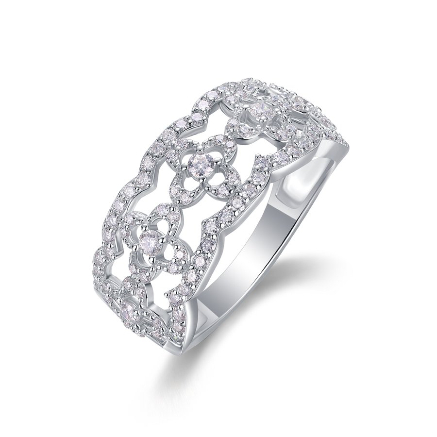S925 Silver 3.3g Platinum Plated Moissanite Ring, 10mm Vintage Floral Filigree Band, GRA Certified US 5-9