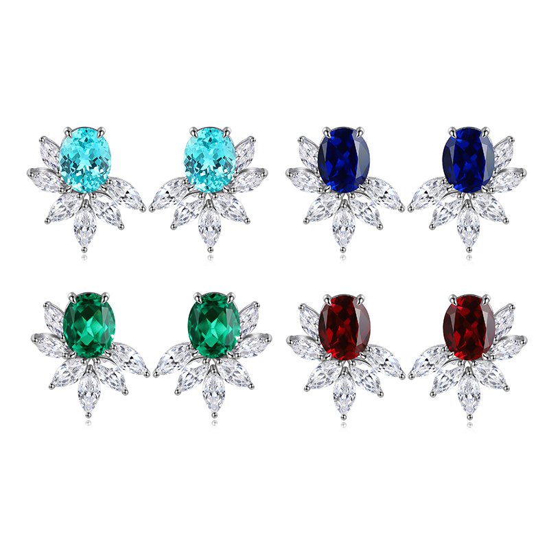 S925 Silver 7.3g Lab Created Gemstone Earrings, 10x8mm Multi-Color Flower Studs, Ruby Sapphire Emerald Paraiba