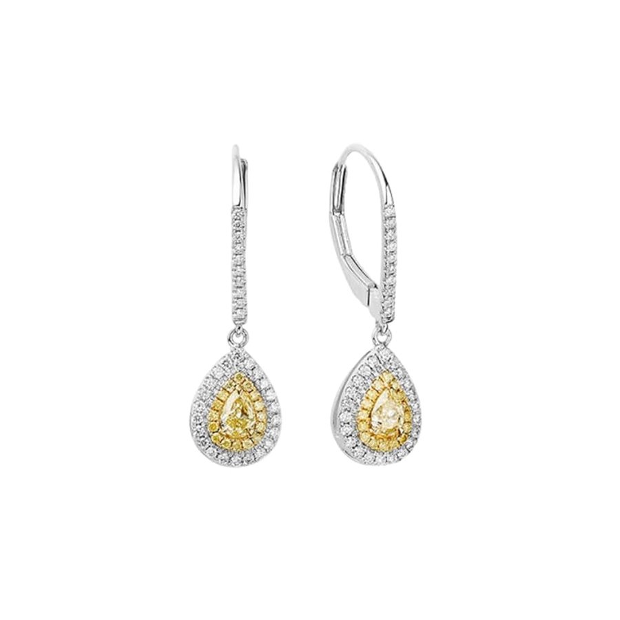 Orecchini da donna in oro bianco, orecchini pendenti alla moda, diamanti gialli, 0,2 carati, goccia d'acqua con diamante bianco