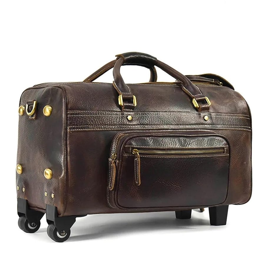 Borsa da viaggio grande in vera pelle con ruote Trolley Bagaglio a mano rotoli in uomo e donna(Brown)