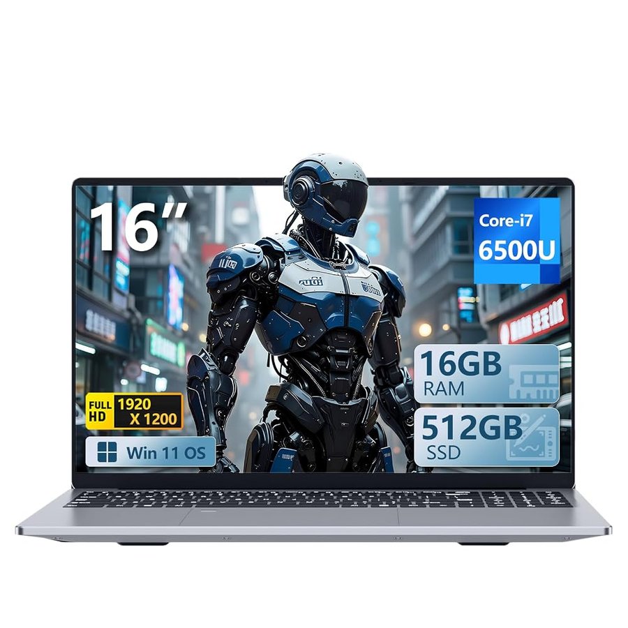 PC Portatile 16 pollici con Core i7 6500U Processore, Win 11 Notebook 16GB RAM 512GB SSD, Laptop Schermo FHD 1920*1200 Tastierino Numerico Retroilluminato/Touch ID USB3.0 Tipo-c Computer Portatile
