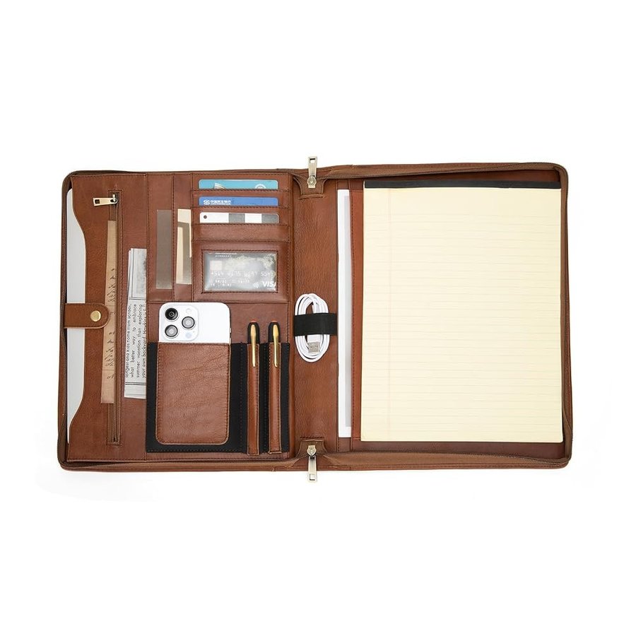 Cartella in vera pelle, con cerniera e porta notebook A4 e tasca per tablet, organizer per cartelle aziendali per donne e uomini, marrone, conciato all'olio