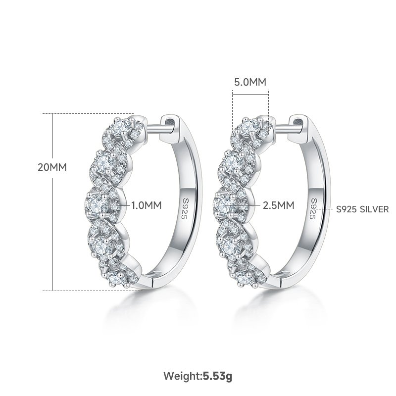 5.8g S925 Sterling Silver 20mm Scalloped Edge Hoop Earrings  2.5mm Moissanite Pave Huggie Hoops With GRA Certificate, Platinum Plated Jewelry Gift Box Set For Women